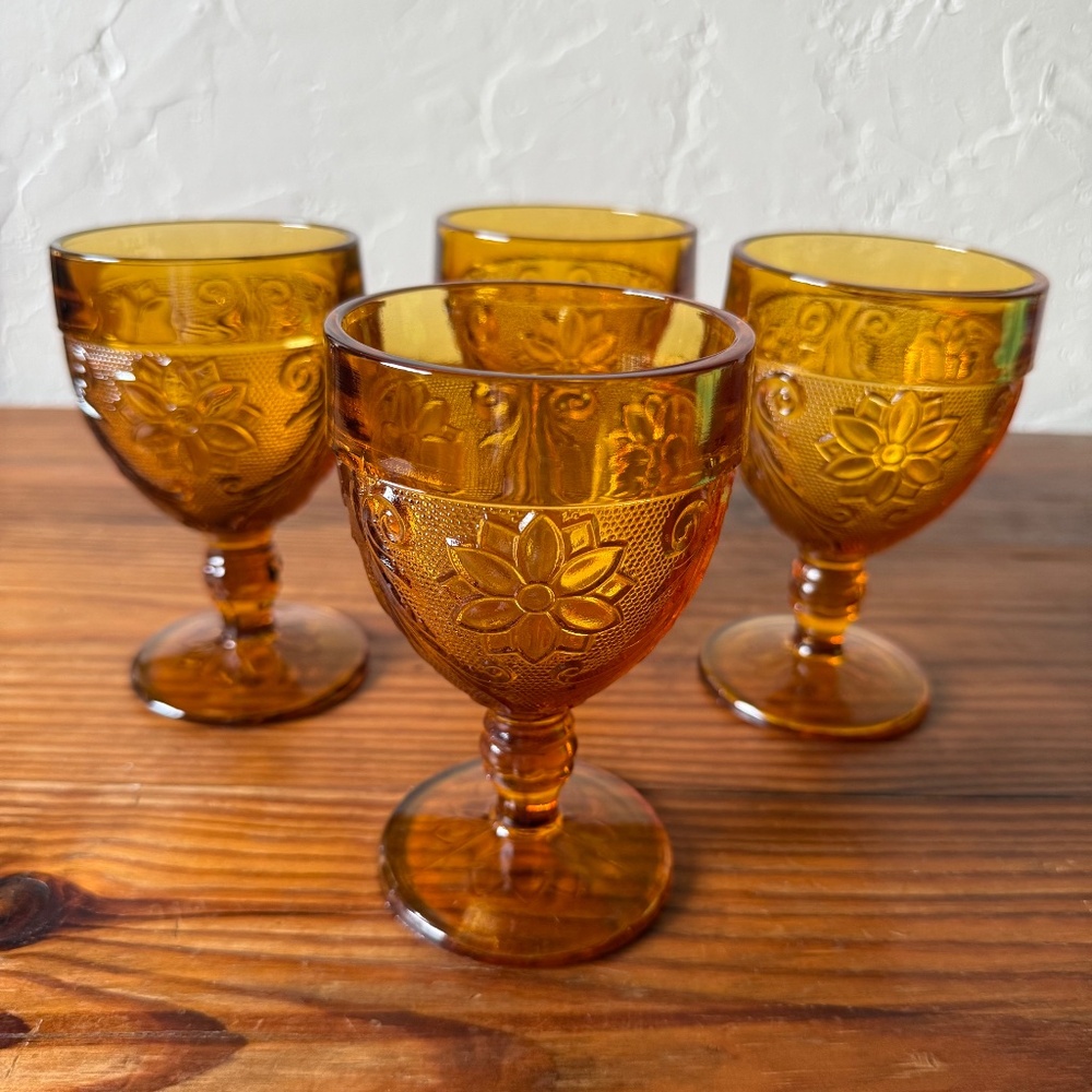 Set of 4 - Vintage Tiara Sandwich Amber Water Goblets | Pressed Glass